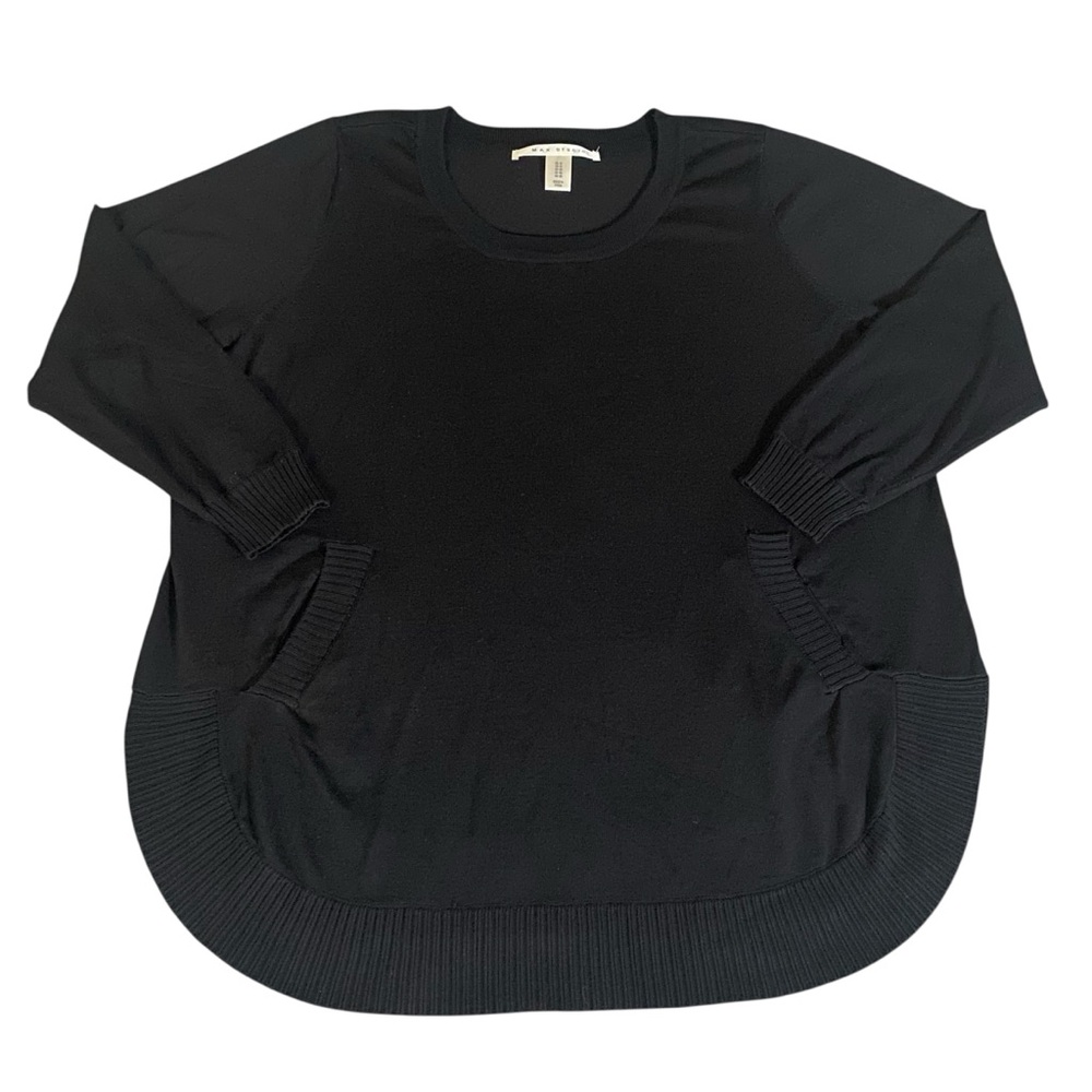 Max Studio Women’s Light Tunic Long Sleeve Sweater w/Front Pockets Black Sz 1X